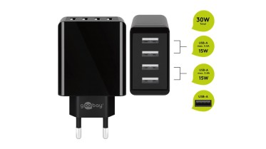 Čtyřkanálový síťový USB adaptér (celkem 6000 mA, 30W)